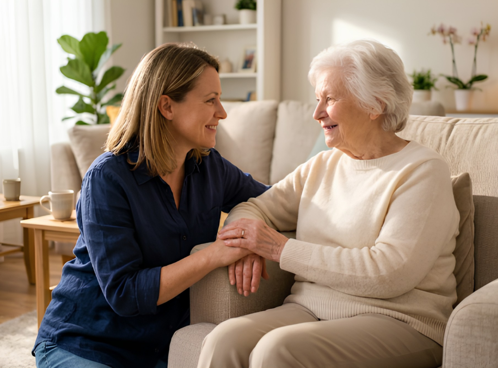 Elderly woman and daughter discussing assisted living in Fort Atkinson options in a warm home setting.