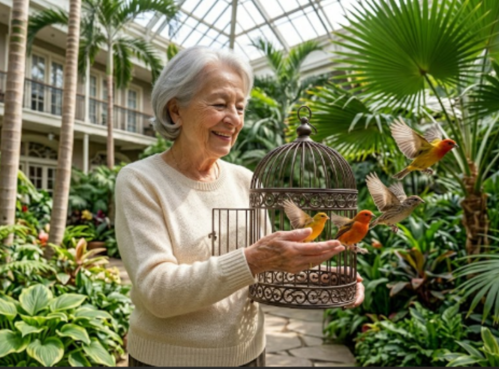 Senior resident interacting with birds in the garden at pet-friendly assisted living in Fort Atkinson.