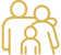 Line icon of a close-knit three-member family in gold.