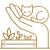 Gold line icon showing a hand gently cradling a cat next to sprouting garden plants.