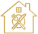Gold line icon of a house silhouette containing a fork and knife plate setting.